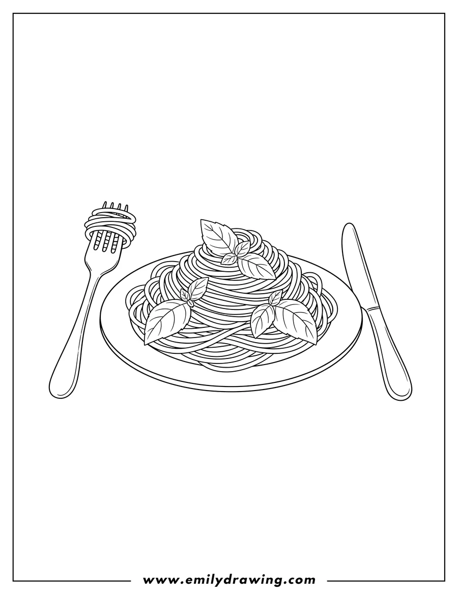 Free printable coloring sheet of italian spaghetti on a plate with basil, fork, and knife