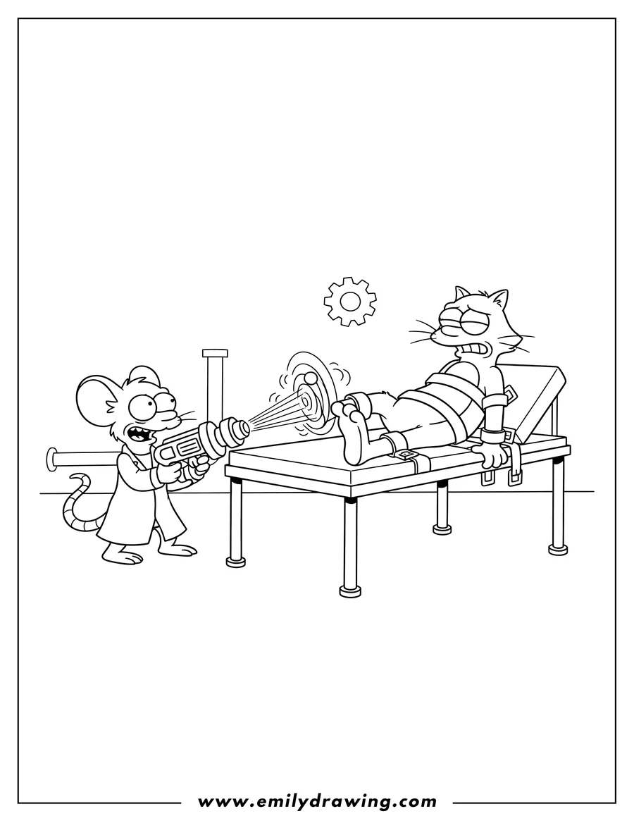 Coloring page for kids: itchy and Scratchy Scaled: Scratchy strapped to a table as Itchy uses a laser on his foot