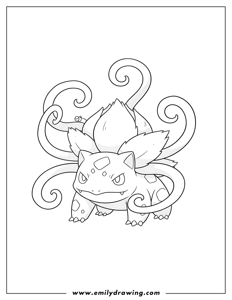 Printable line art of ivysaur with a determined expression using long, curled tentacles