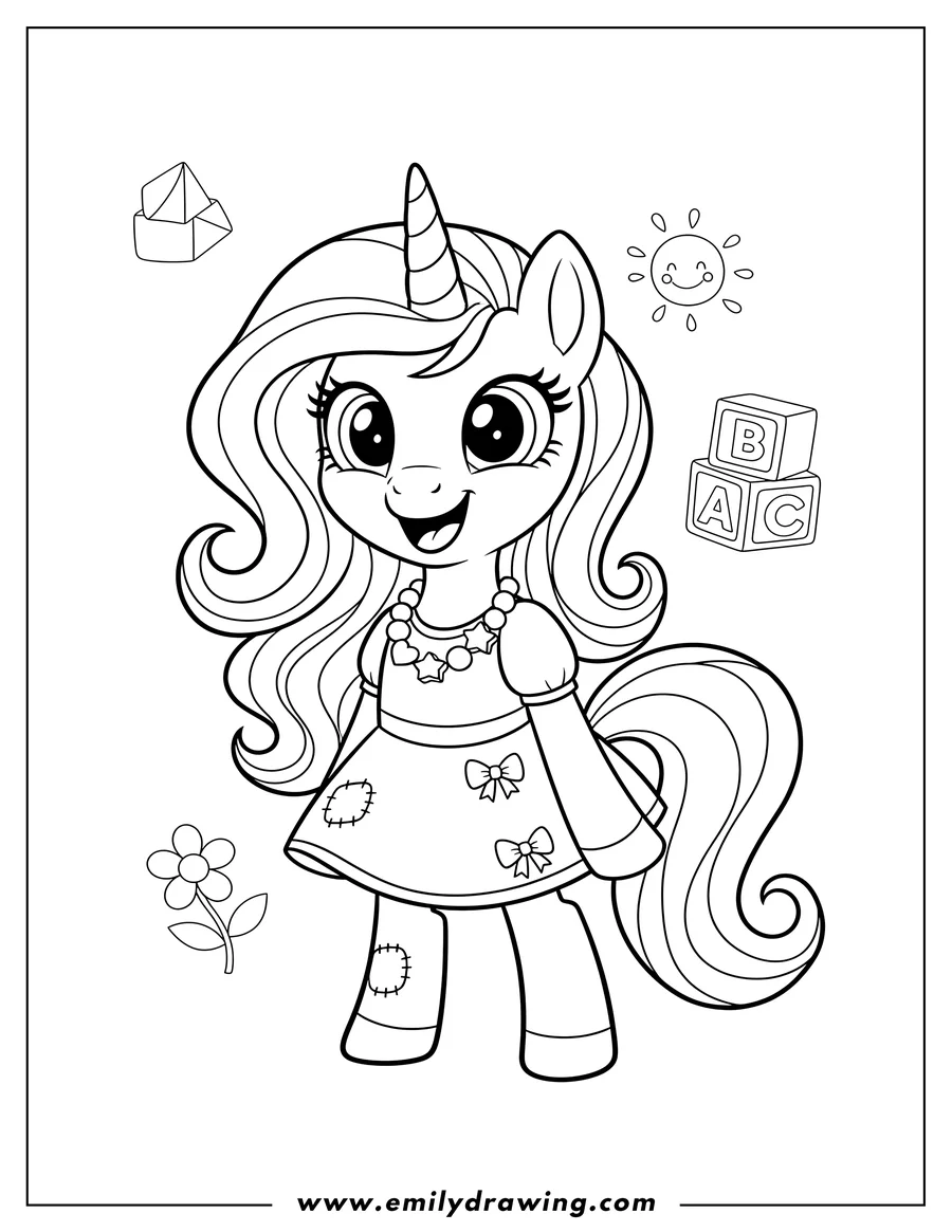 Printable coloring page of izzy Moonbow Preschoolers, a smiling unicorn with wavy mane and tail, and a beaded necklace