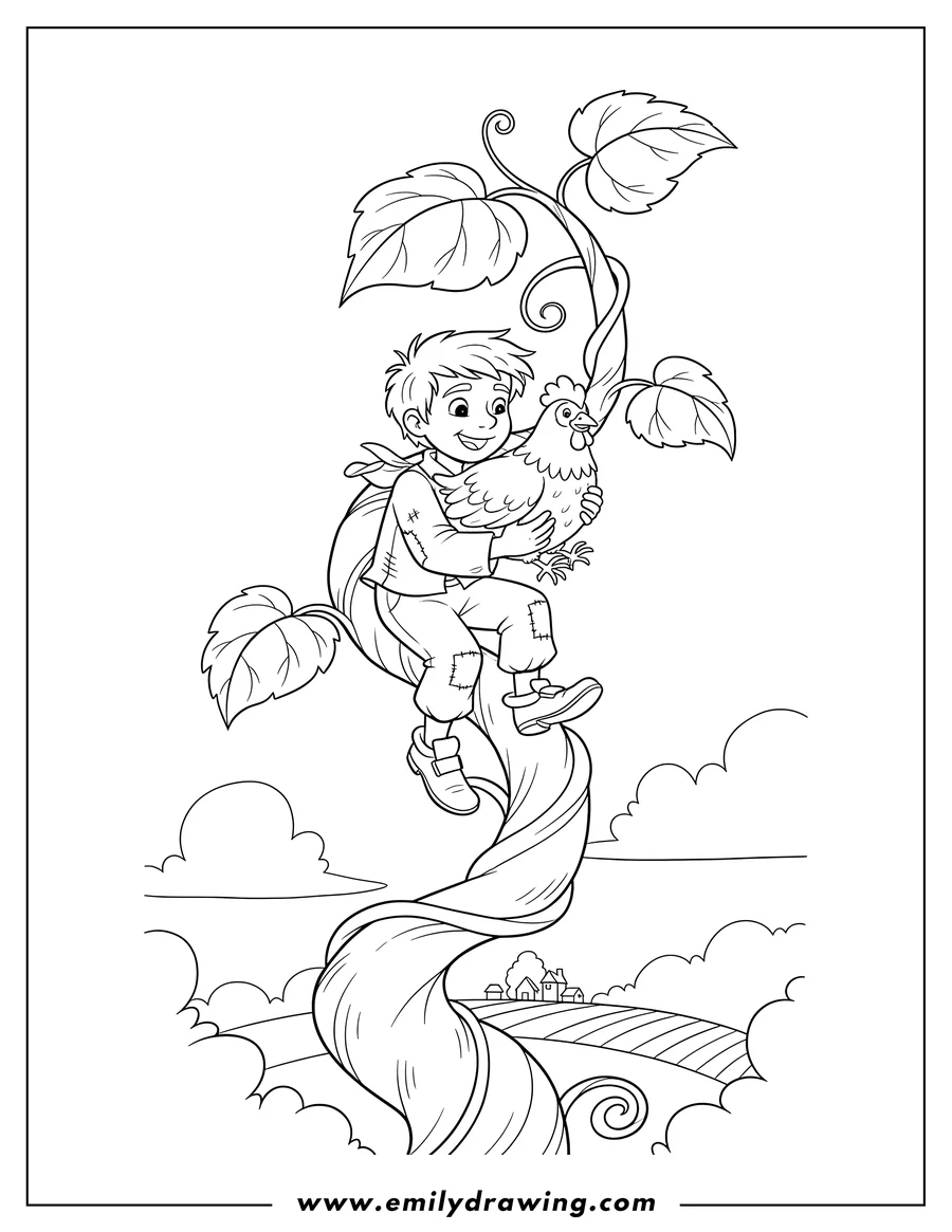 Vector style outline of jack climbing down the beanstalk, holding the golden hen
