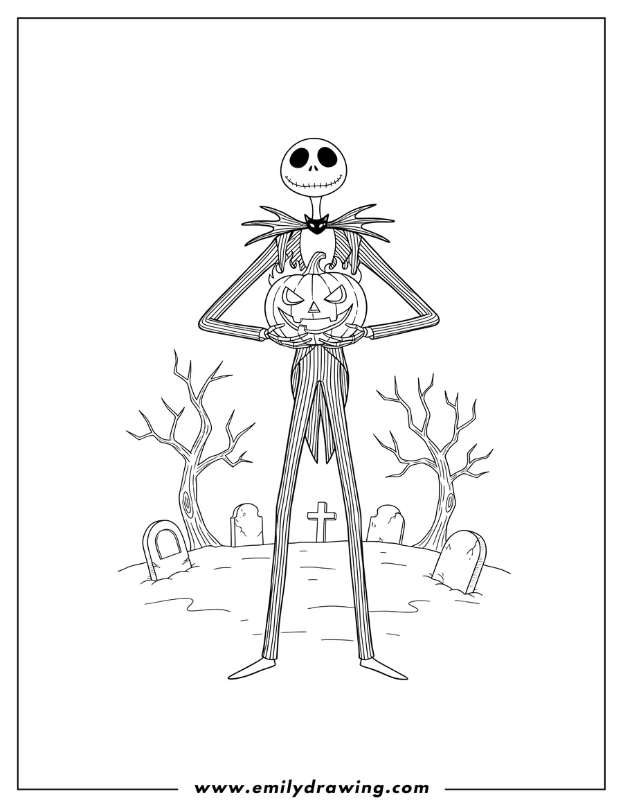 Black and white line art of jack Skellington holding a carved pumpkin in a cemetery