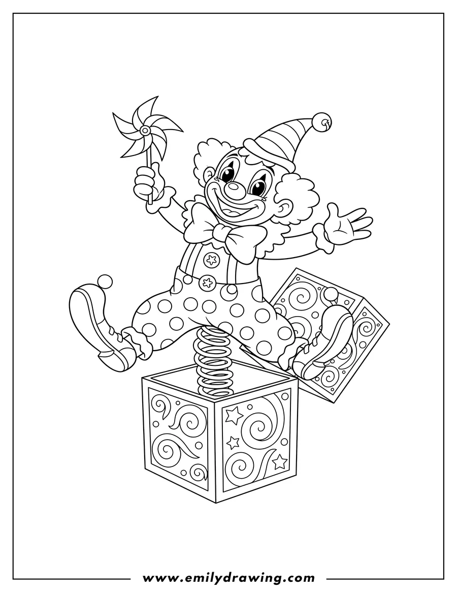 Doodle style coloring picture of jack-in-the-box clown popping out