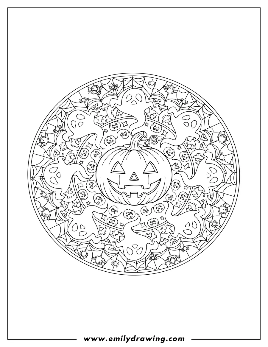 Free to print drawing of jack O Lantern At Center Halloween Mandala with ghosts and a spiderweb border