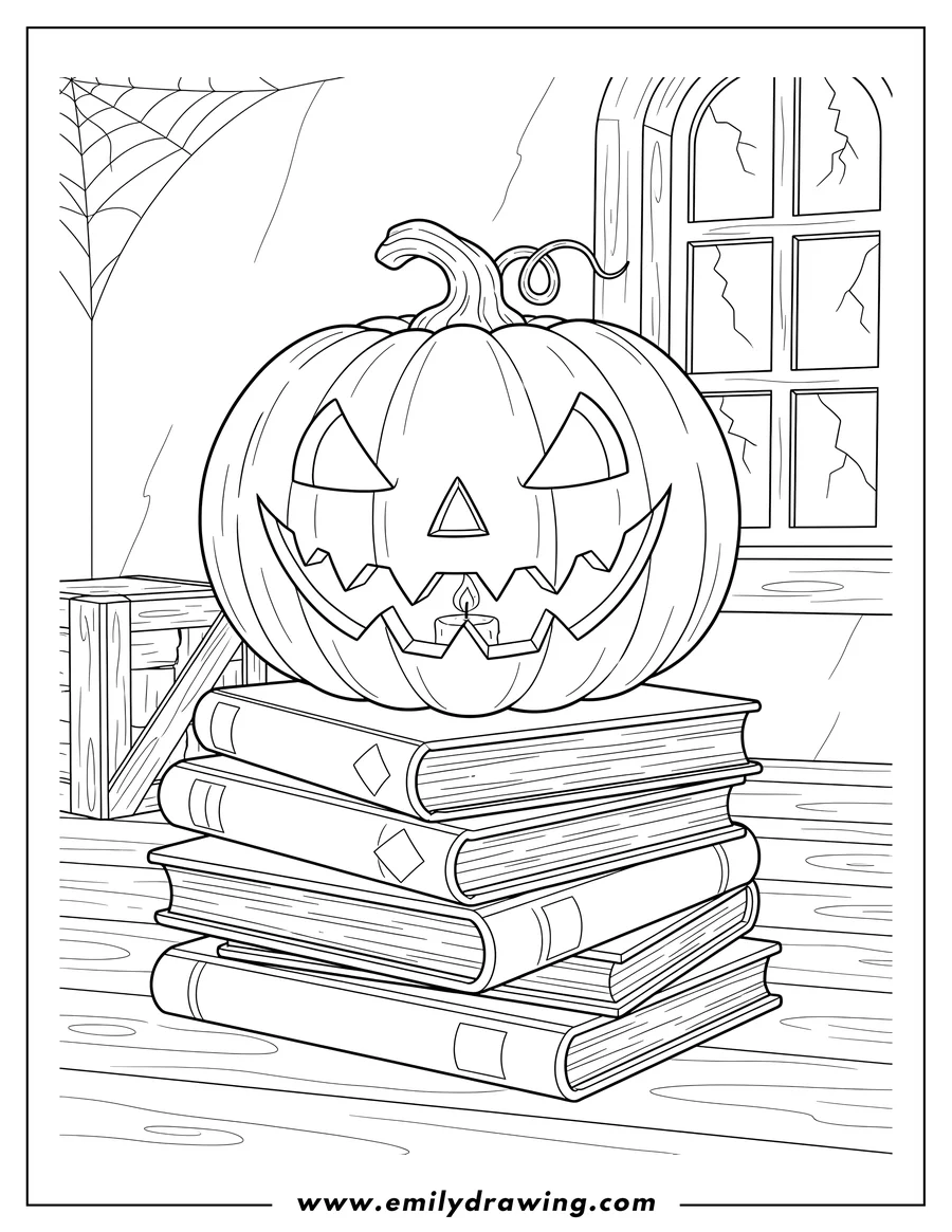 Clean line drawing: A Jack O Lantern with a wicked grin and glowing candle on books in a spooky attic