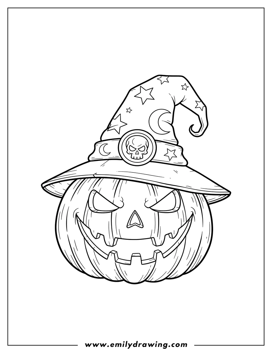 Printable coloring page of jack O Lantern with a scary carved face wearing a wizard hat with a skull emblem
