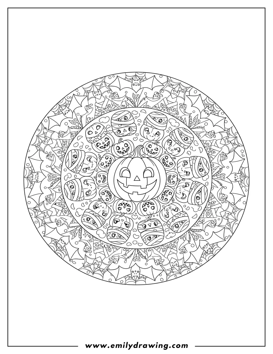 Downloadable coloring page of jack O Lanterns And Mummies Halloween Mandala, with a central smiling Jack O'Lantern, wrapped mummies, and bats