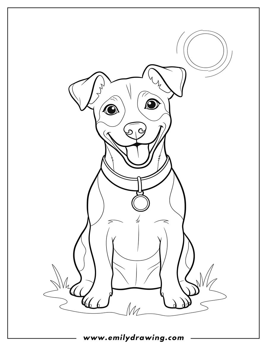 Printable line art of jack Russell Dog With Perked Ears, sitting, wearing a collar, and smiling