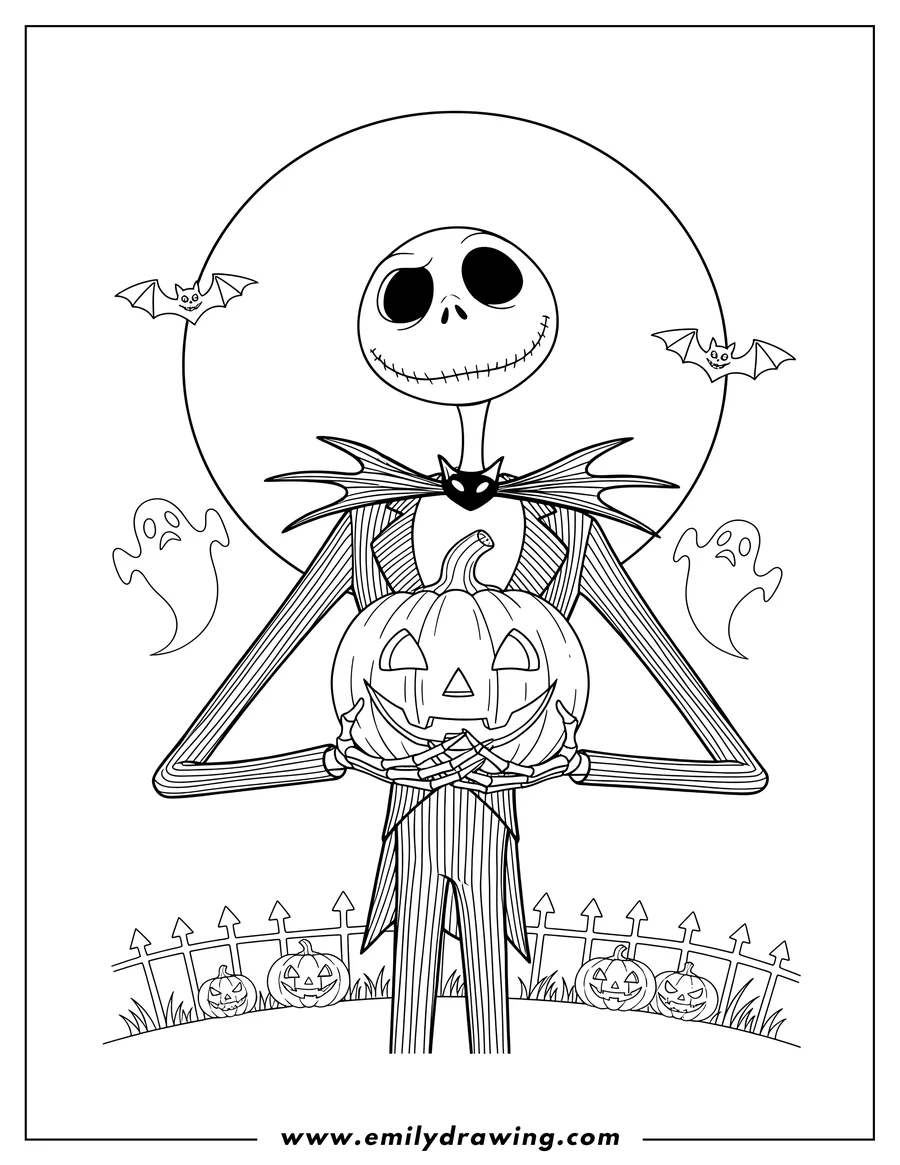 Doodle style coloring picture of jack Skellington in pinstriped suit, standing and holding a carved jack-o'-lantern, Halloween