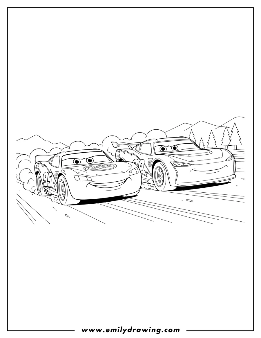 Printable line art of jackson Storm And Lightning Mcqueen racing