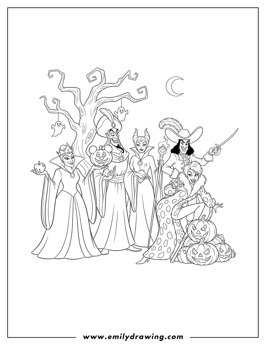Printable coloring page of jafar Maleficent Queen Grimhilde holding a Mickey pumpkin Cruella And Captain James Hook Disney Halloween