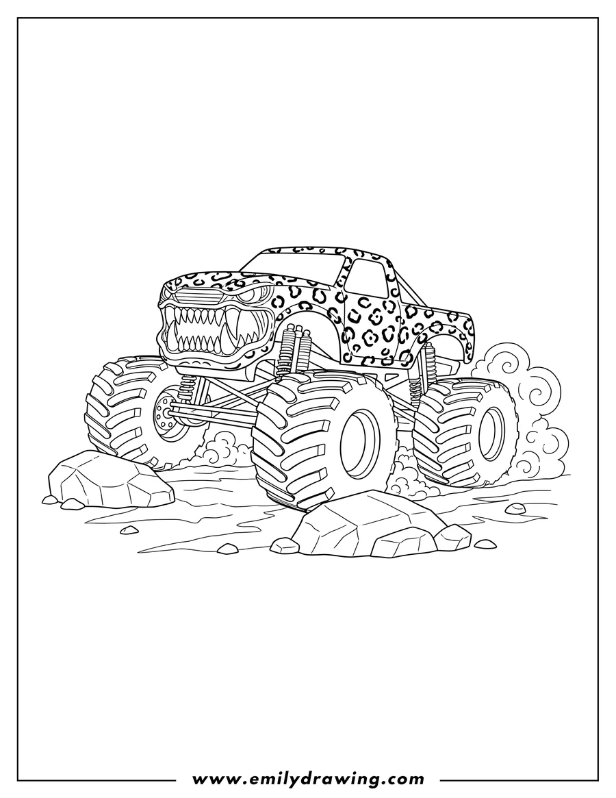 Coloring page of jaguar Printed Monster Truck with sharp fangs, rumbling on rocky terrain