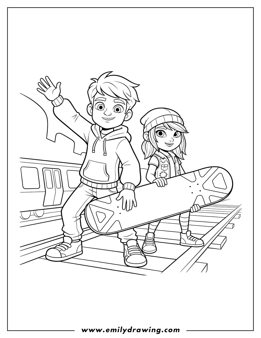 Vector style outline of jake And Tricky Subway Surfers with Tricky holding a hoverboard