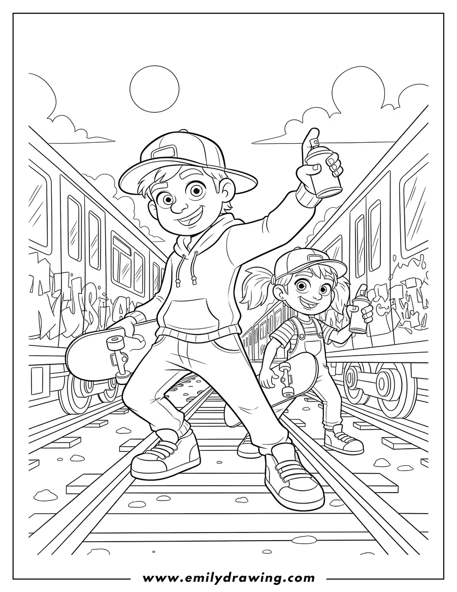 Coloring page of subway Surfers Jake and Tricky with spray cans and skateboard on train tracks