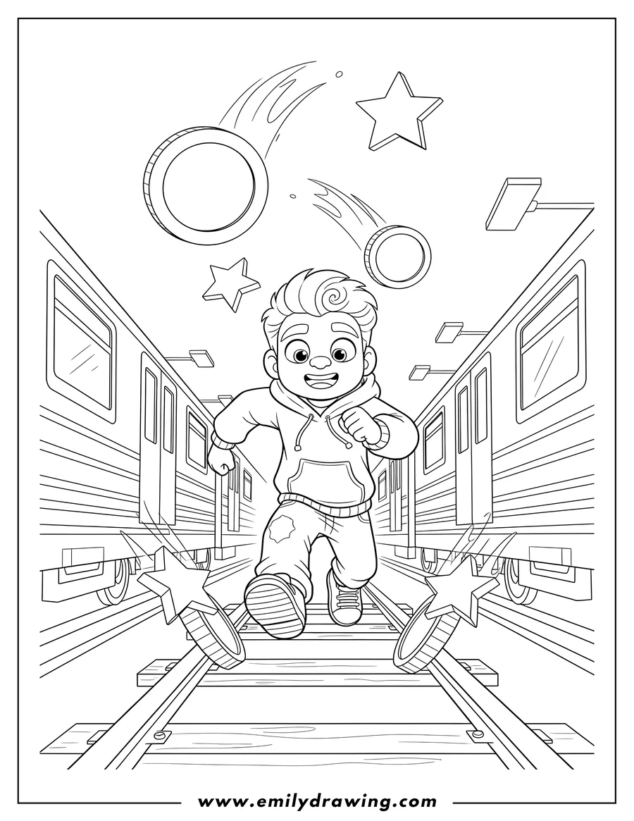 PDF style coloring page: jake running on train tracks, chasing gold and star coins, past subway trains