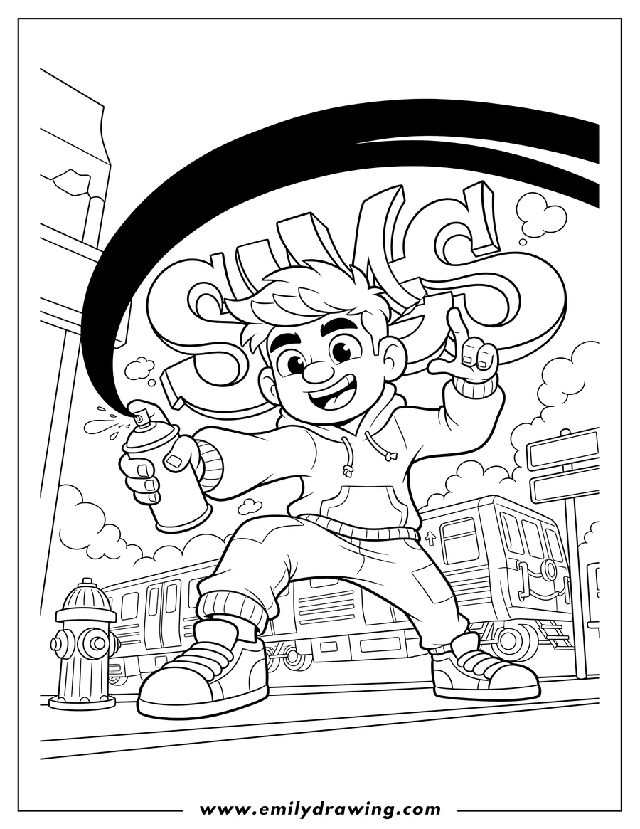 Coloring sheet featuring easy Subway Surfers Tag Game, Jake smiling and spraying paint
