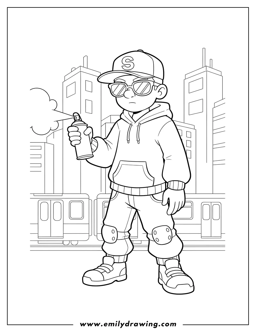Outline drawing of subway Surfers Jake Sunglasses, wearing a hoodie and cap, holding a spray can