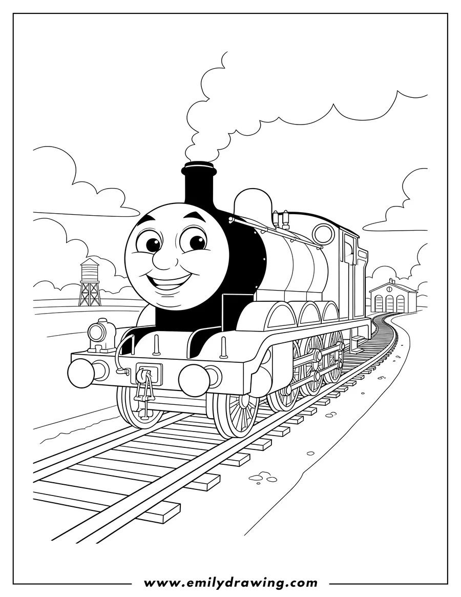 Full page coloring image of james Train From Thomas And Friends Scaled, smiling on tracks