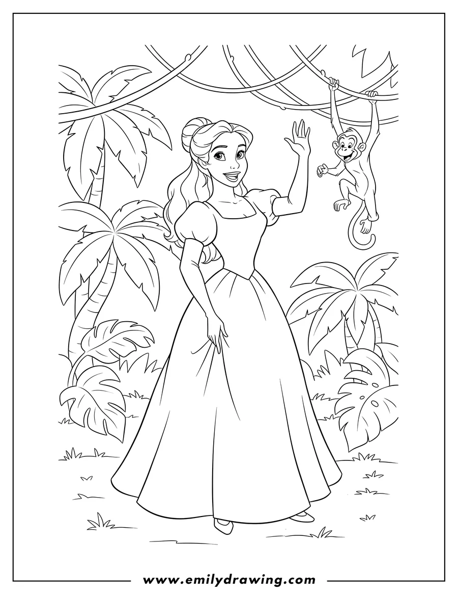 Free to print drawing of jane Porter Wearing Gown And Gloves Jungle, smiling and waving