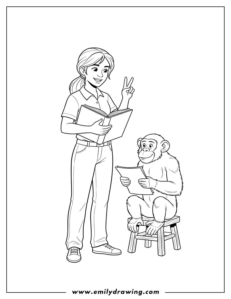Coloring sheet featuring jane, making a two-finger gesture and holding a book, talks to a chimpanzee holding papers