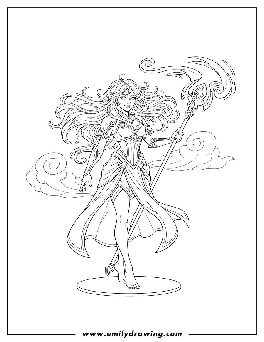 Outline drawing of janna, Storm's Fury from League of Legends, holding a staff with flowing hair