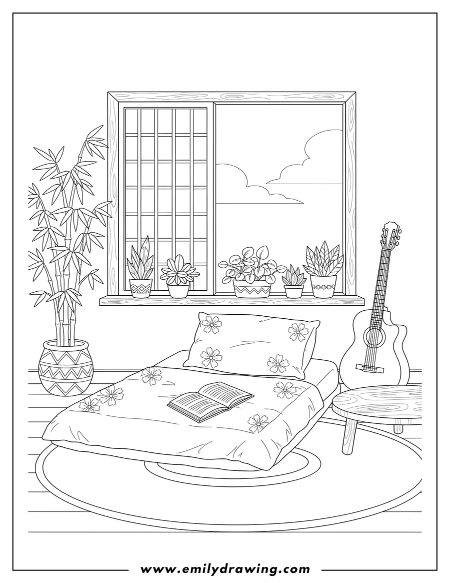 Coloring sheet featuring japanese Theme Bedroom With Plants, Guitar, a Bed, and an Open Book