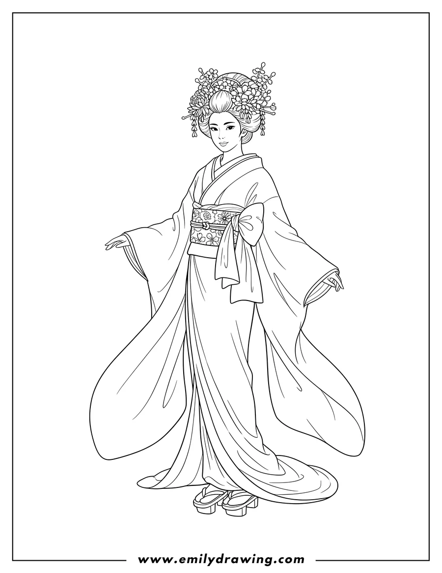 Printable line art of japanese Woman standing in a Kimono with flowing sleeves and a tied sash, wearing an ornate floral headdress and sandals