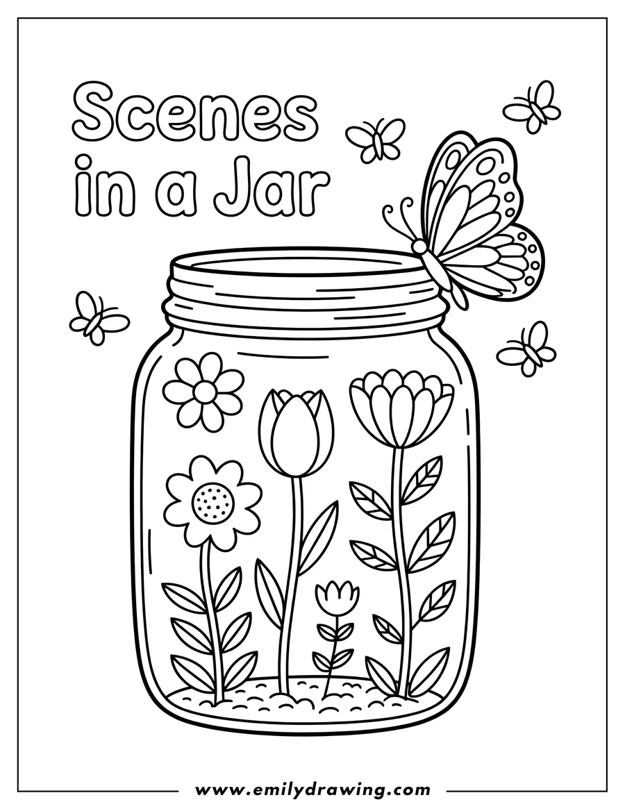 Outline of a glass jar filled with various growing flowers, with a large butterfly perched on its rim and smaller butterflies flying nearby.