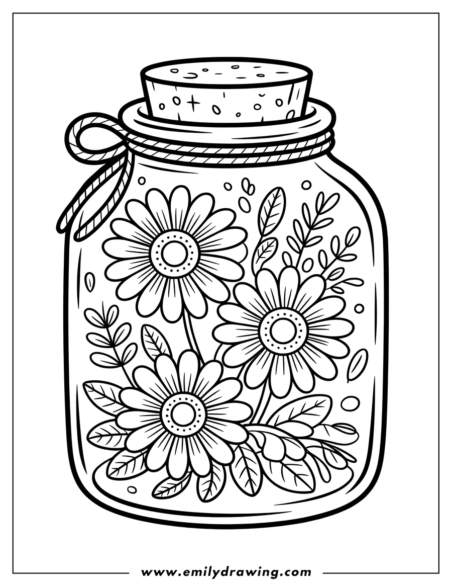 Line art of a glass jar filled with three large flowers and various leaves, topped with a cork stopper and a bow tied around its rim.