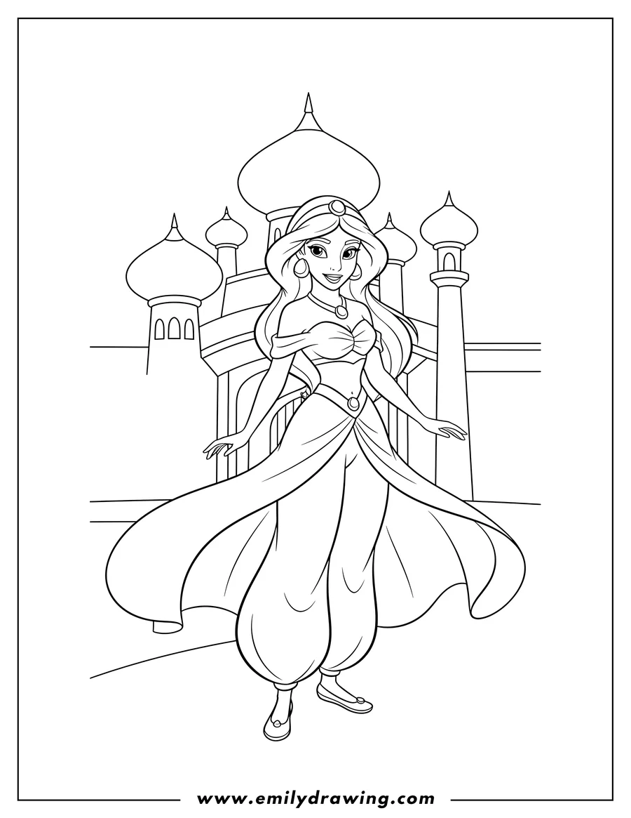 Free printable coloring sheet of jasmine Outside Palace, standing, smiling, with a flowing outfit