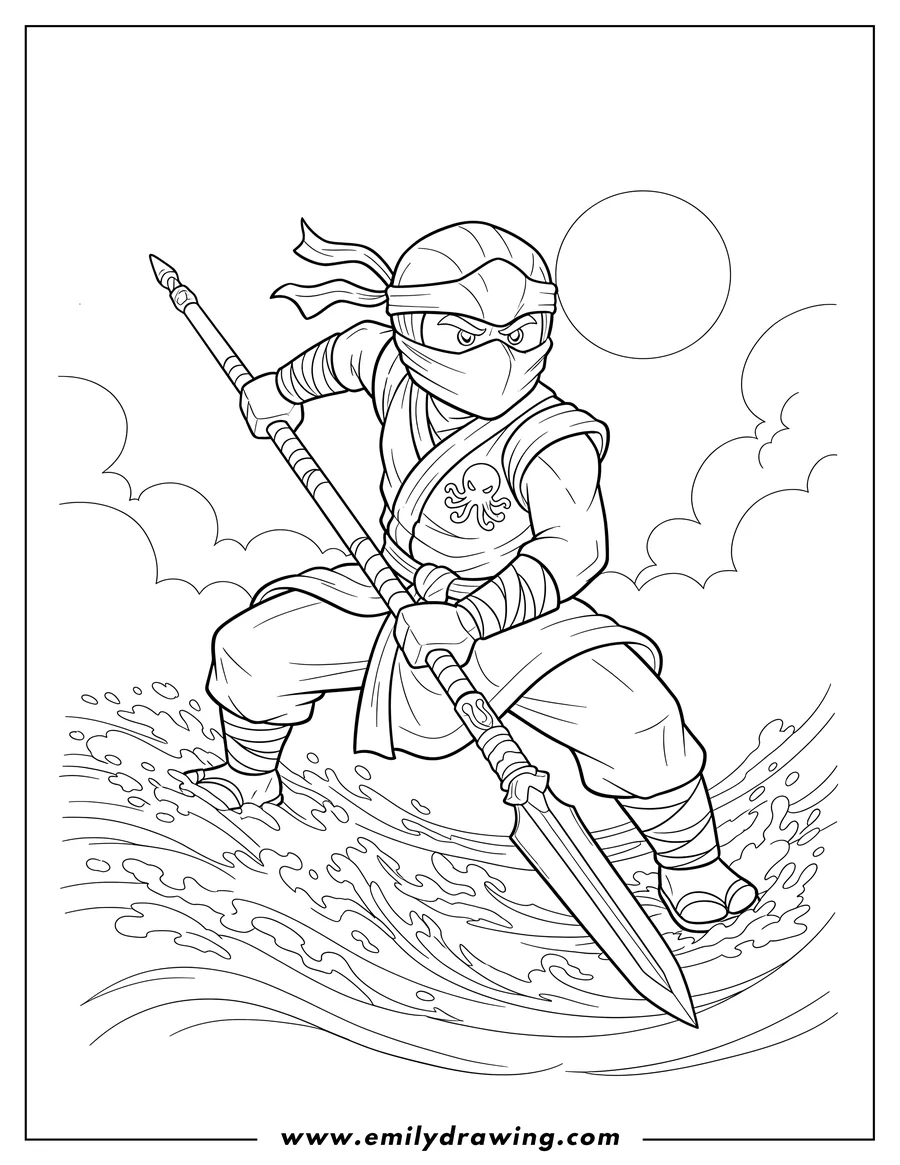 Black and white line art of jay Walker, wearing a masked headwrap and an octopus emblem, holding a spear in a dynamic pose over water