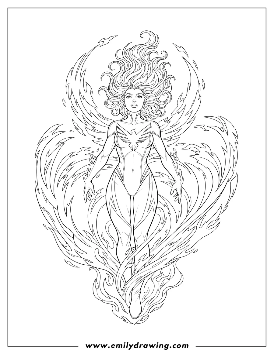 High quality printable jean Grey Phoenix looking up with flowing hair, surrounded by energy for coloring