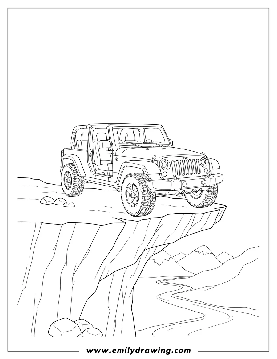 Free printable coloring sheet of jeep Wrangler Rubicon on a cliff edge