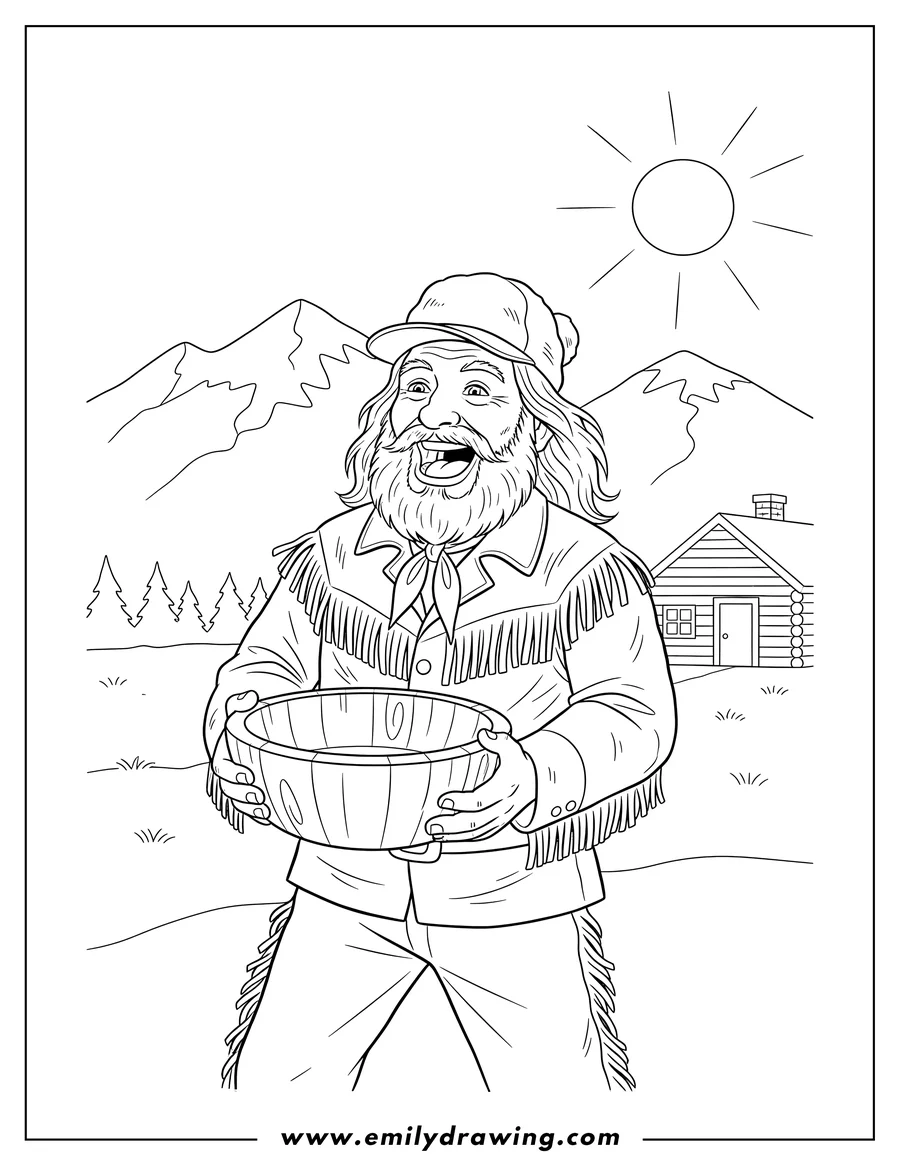 Downloadable coloring page of jeremiah Johnson with an open mouth expression, holding an object with both hands