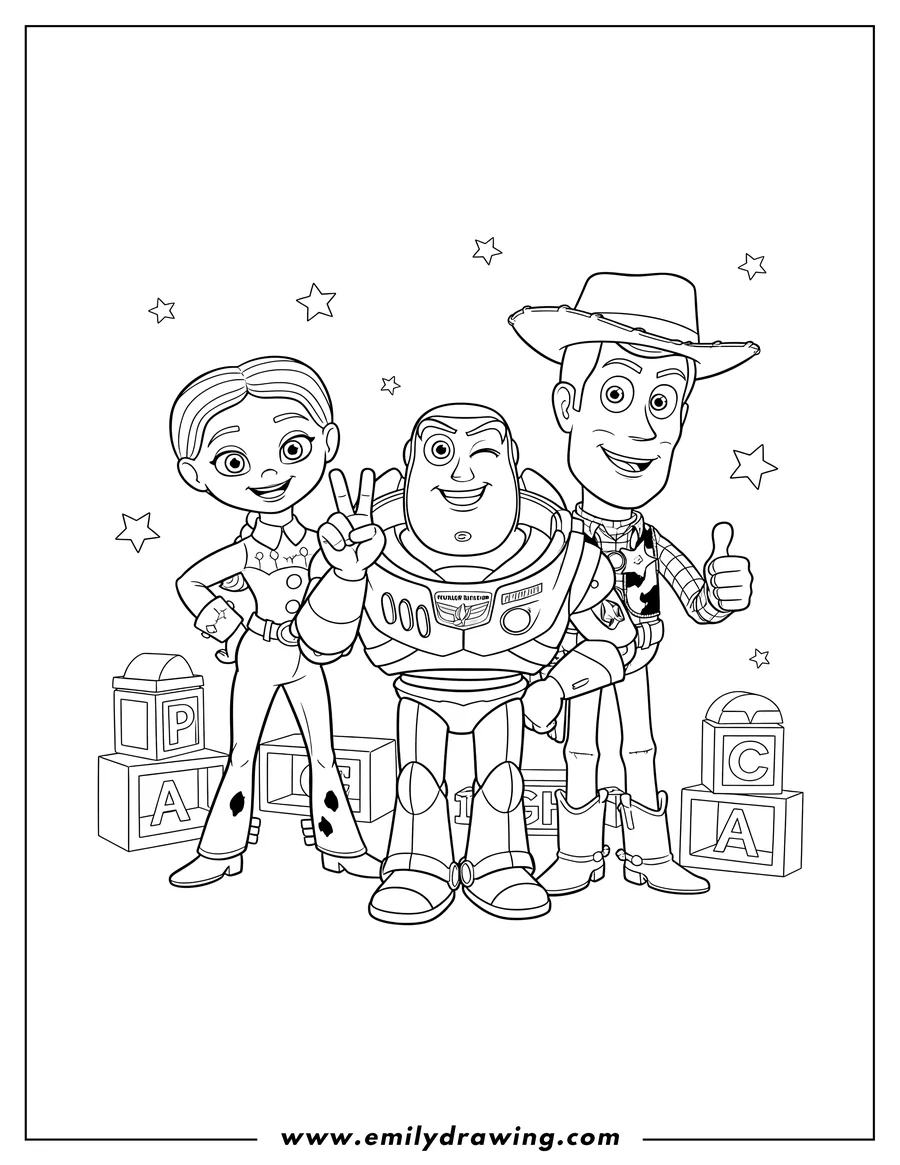 Coloring page for kids: jessie Buzz And Woody Scaled, Buzz making a peace sign, and Jessie winking