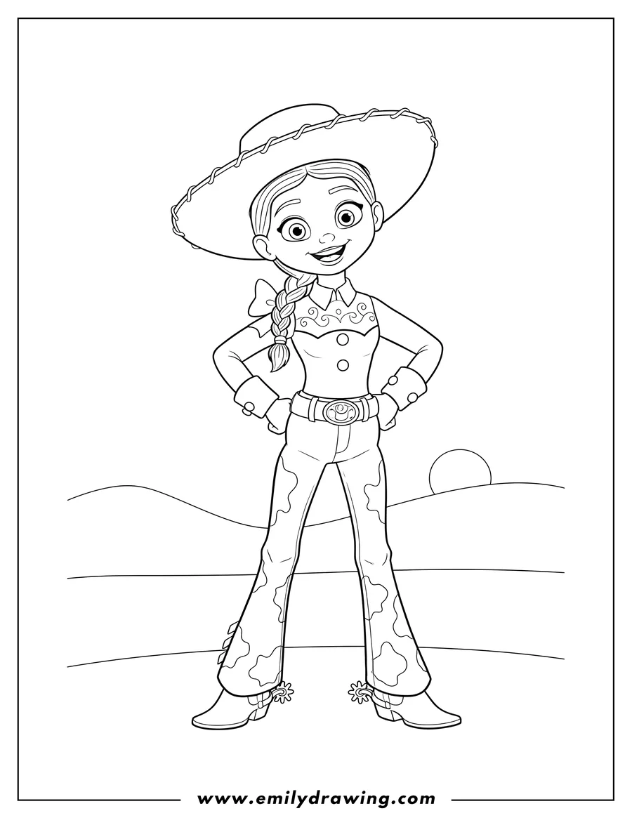 Simple sketch of jessie the Cowgirl smiling with hands on hips to color