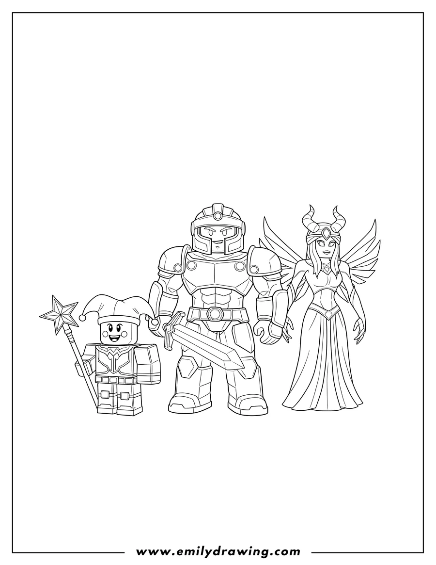 Black and white line art of roblox Game Characters Scaled, three diverse characters standing together