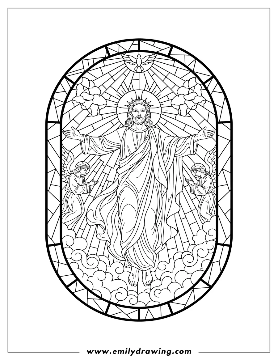 High quality printable jesus Ascending To Heaven Stained Glass, with arms outstretched and bare feet for coloring