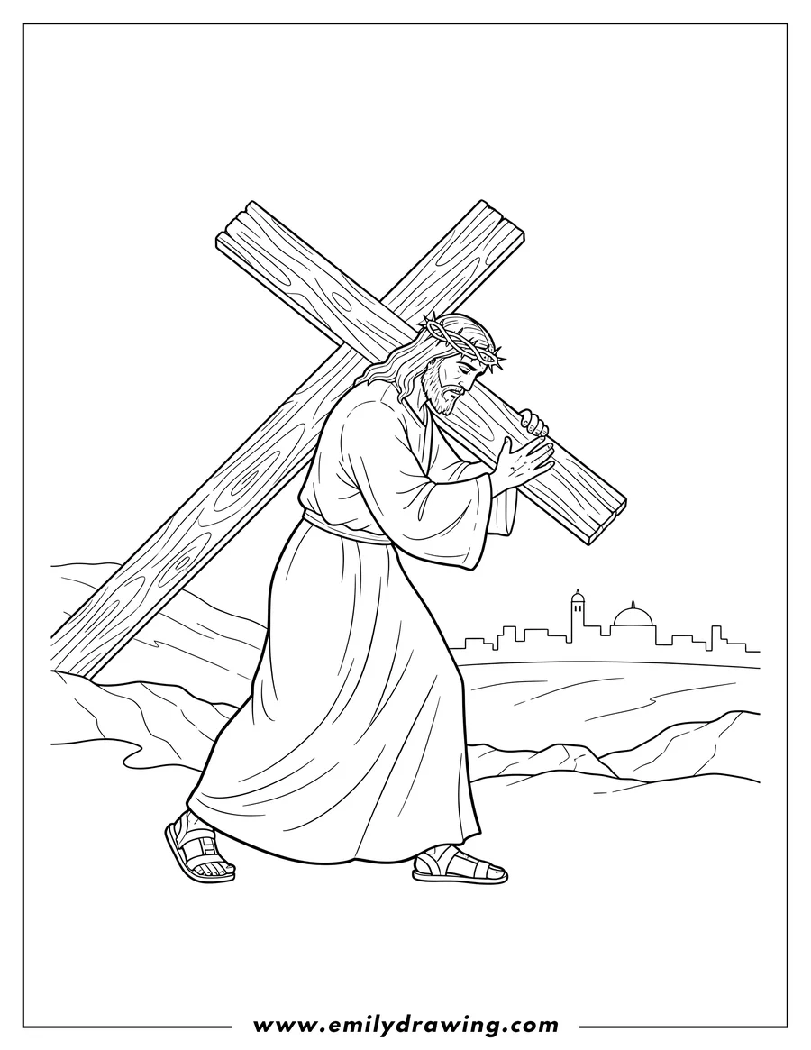 Full page coloring image of jesus Christ carrying the cross on his shoulder and walking