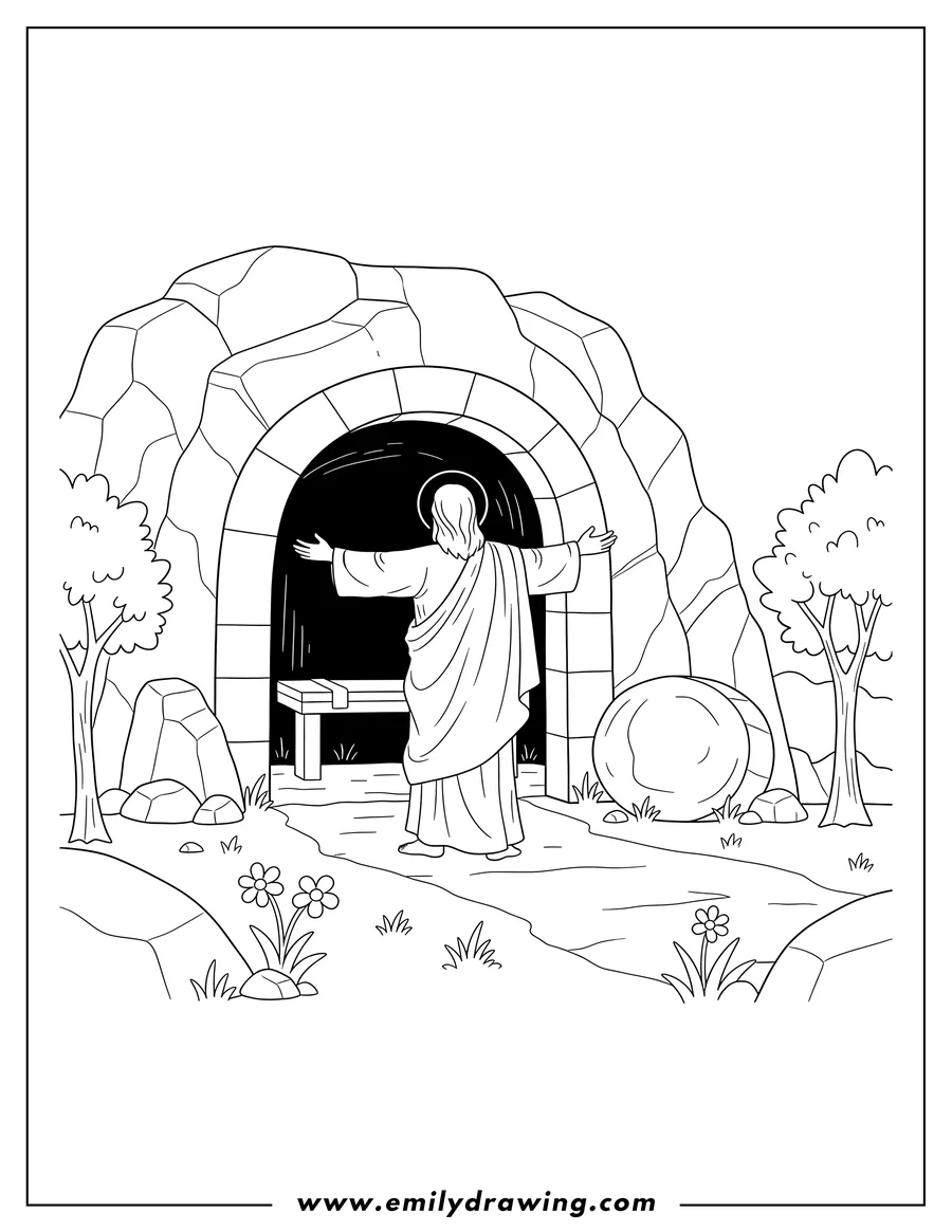 Vector style outline of jesus emerging from the tomb, seen from behind with outstretched arms