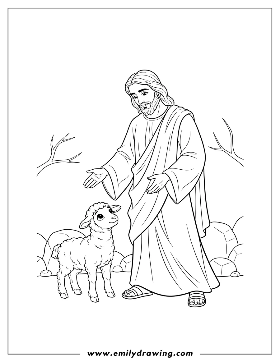 Simple sketch of jesus Finding Missing Lamb, reaching out to the lamb who looks up at Him to color
