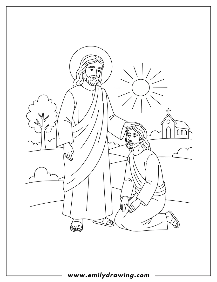 Free to print drawing of jesus standing, healing a kneeling sick person with his hand on their head