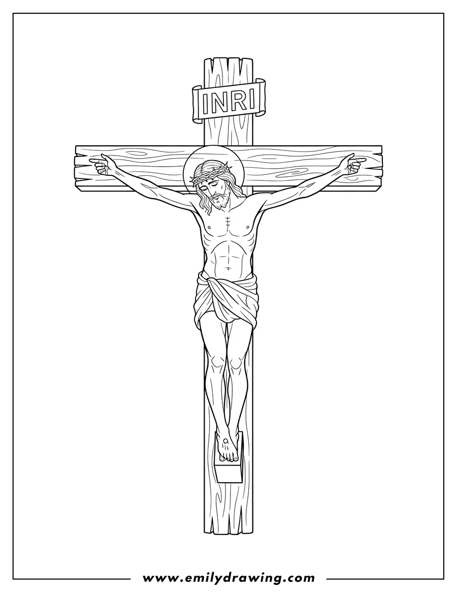Clean line drawing: jesus on a cross, wearing a loincloth, with INRI sign