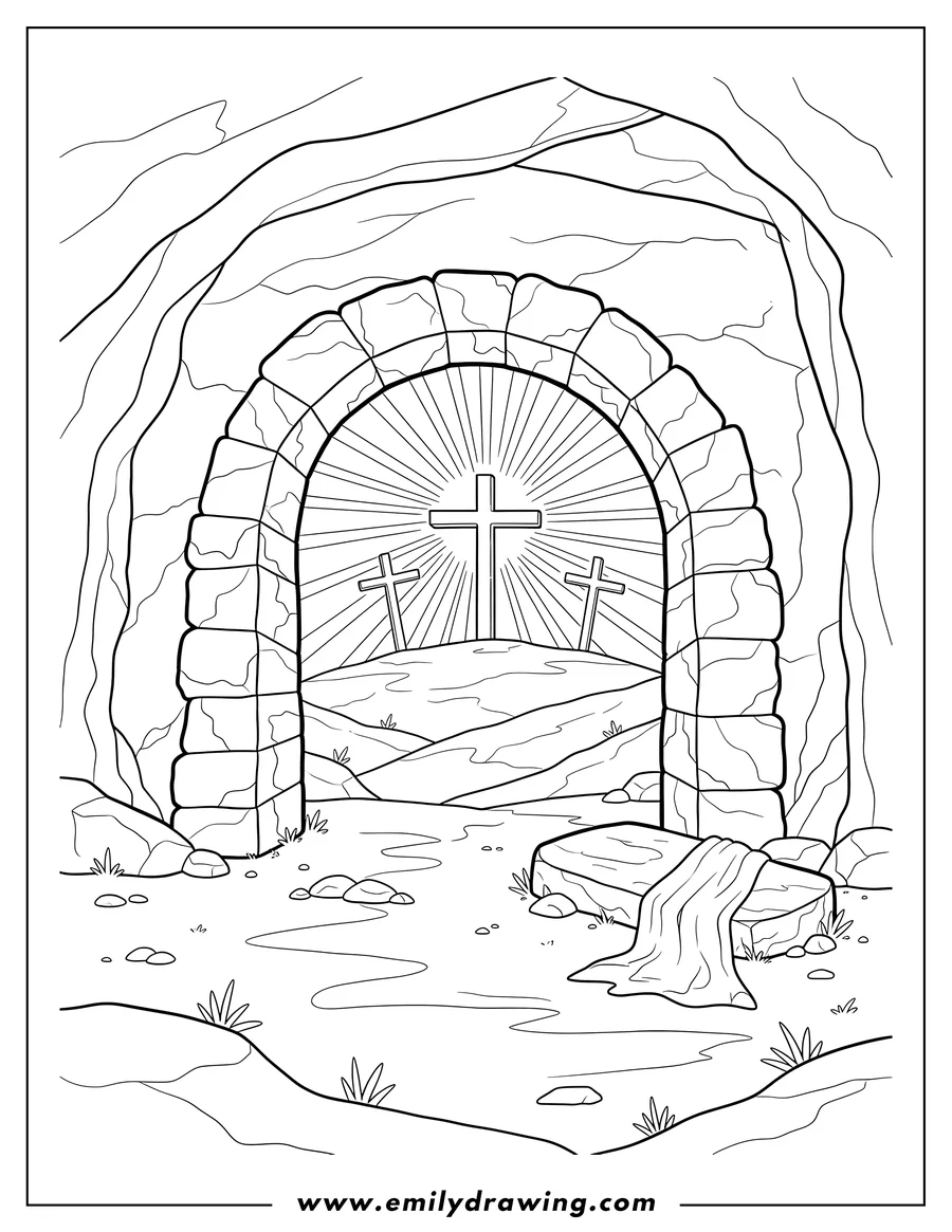PDF style coloring page: jesus Resurrection: Empty tomb looking out to three crosses with shining light