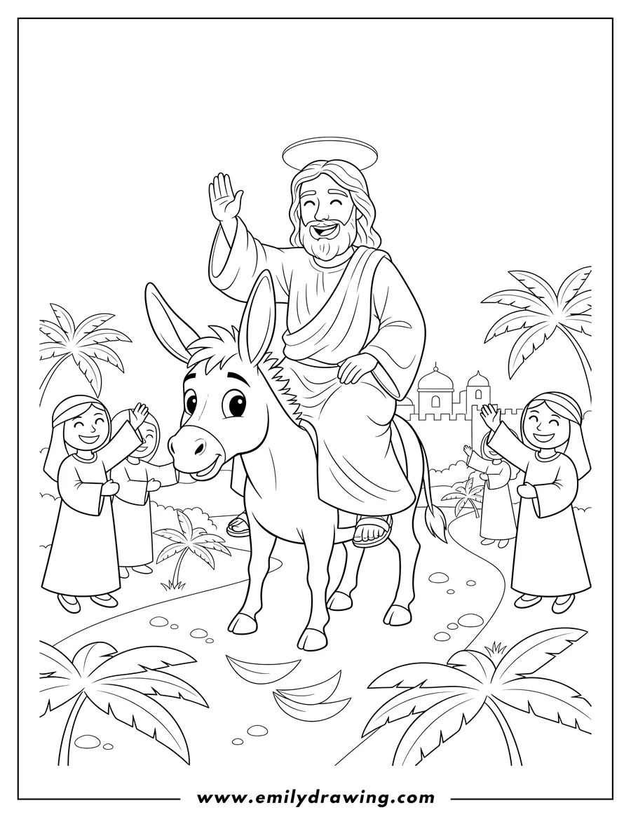 High quality printable jesus with a halo, riding a donkey and raising his hand, for Palm Sunday for coloring