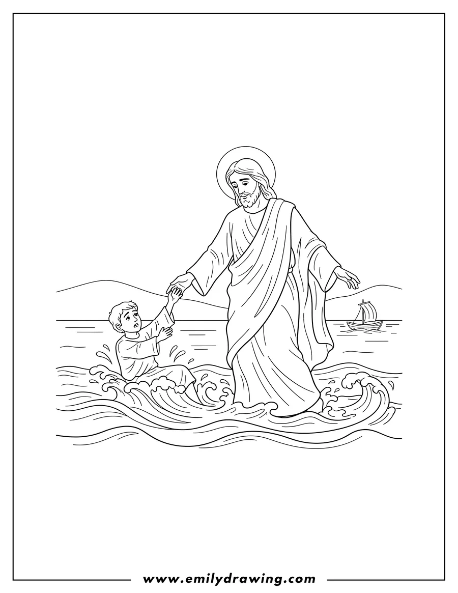 Free printable coloring sheet of jesus walked on water, reaching out to help sinking Peter