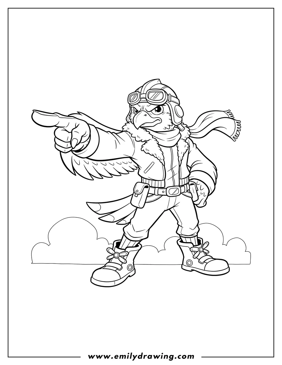 Linear illustration of jet Hawk wearing goggles and pointing forward