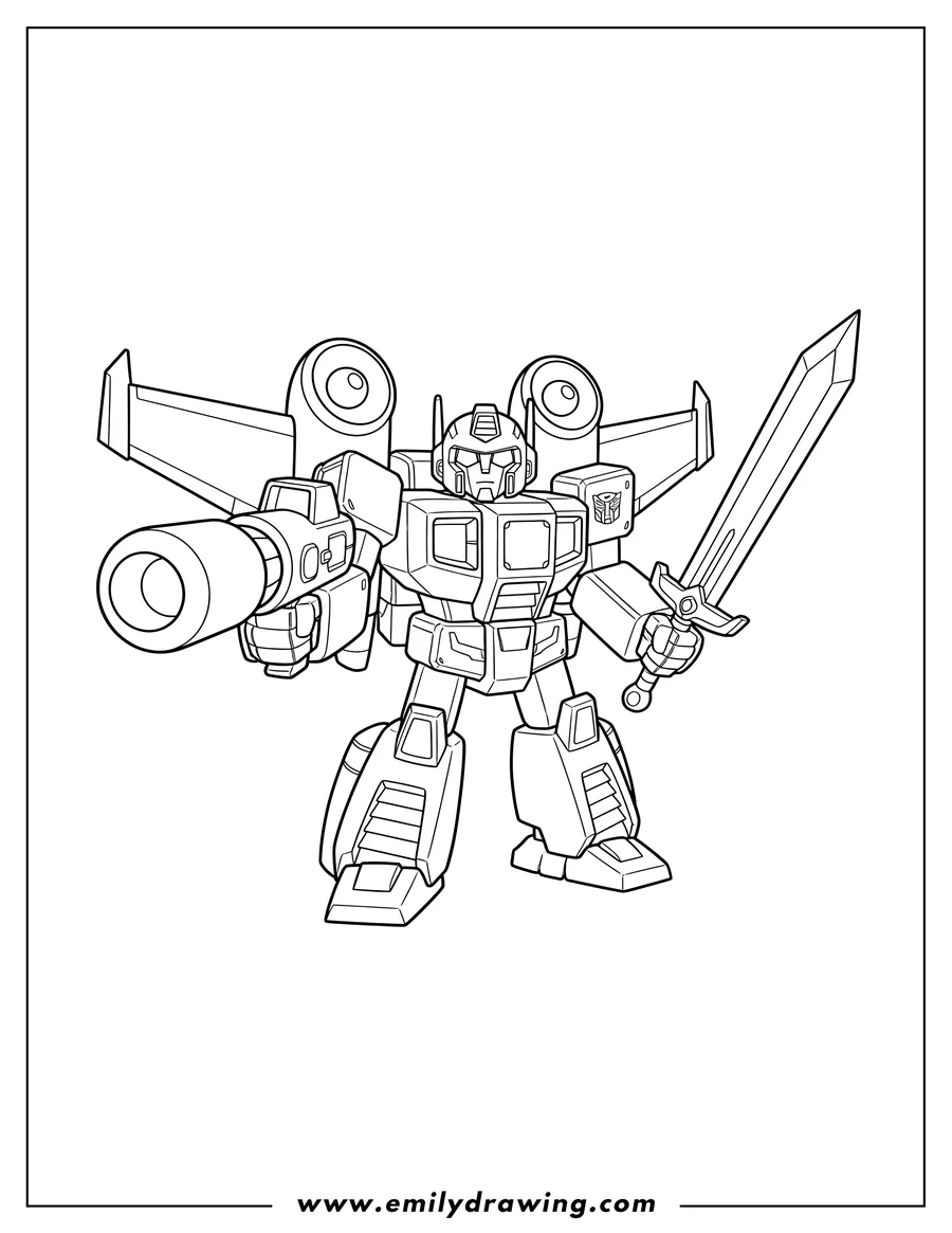 Coloring page for kids: jetfire Transformer Scaled, with jet wings, holding a large cannon and a sword
