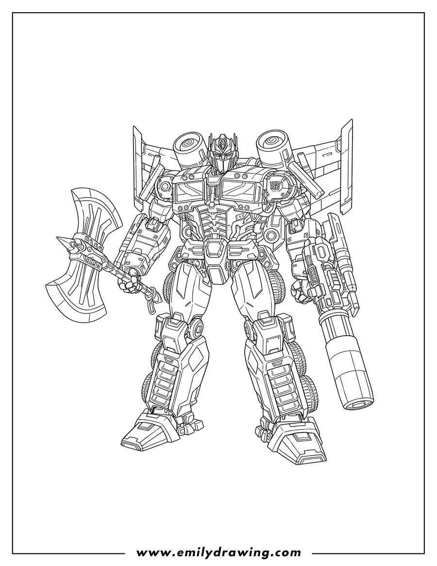 High quality printable jetpower Optimus Prime standing, holding a giant axe and a large blaster for coloring