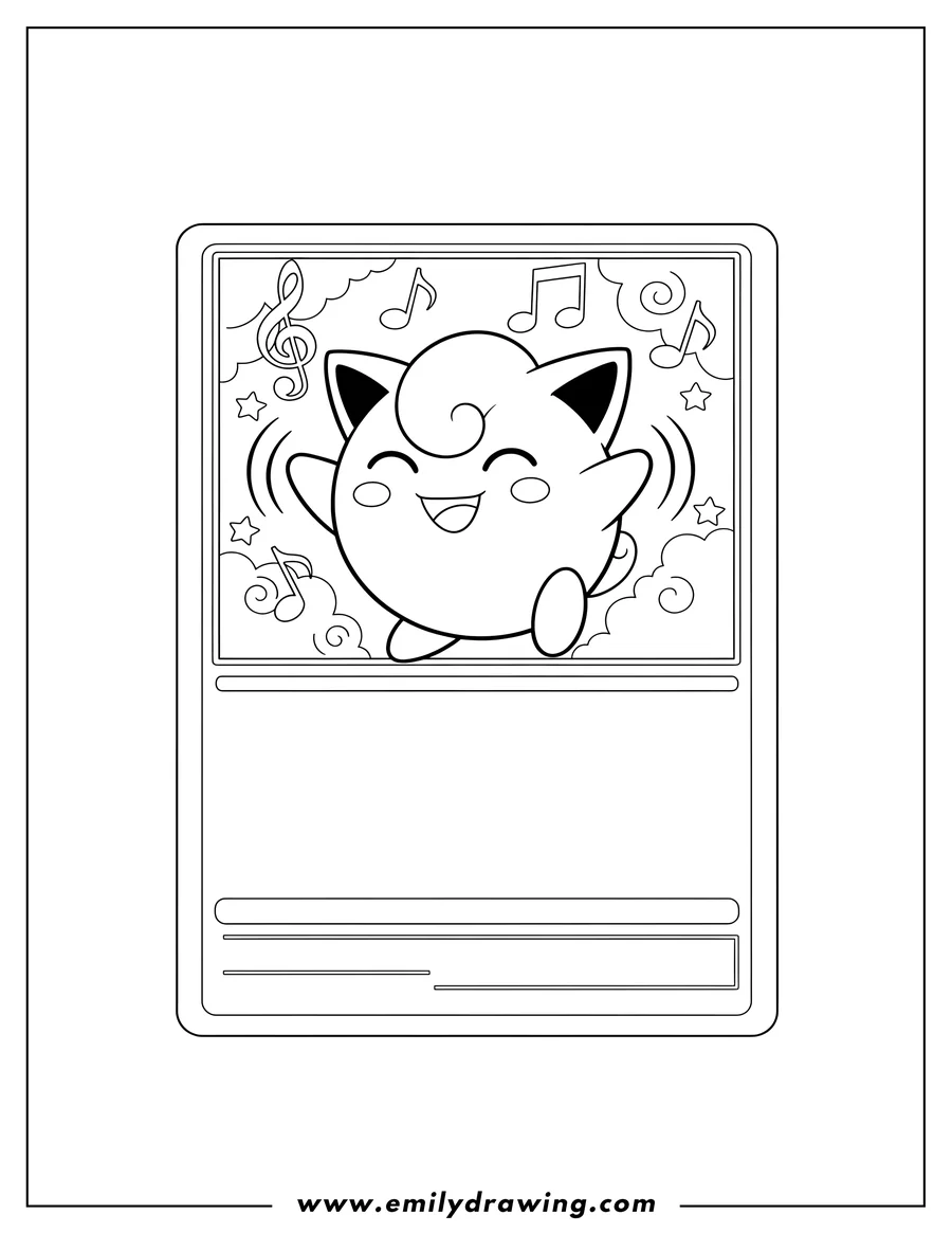 Coloring sheet featuring jigglypuff Double Slap Pokemon Card, with a smiling Jigglypuff and musical notes